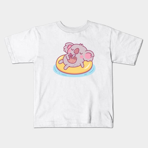 Cute Koala Chilling On Pool Float And Drinking Coconut Water Kids T-Shirt by rustydoodle